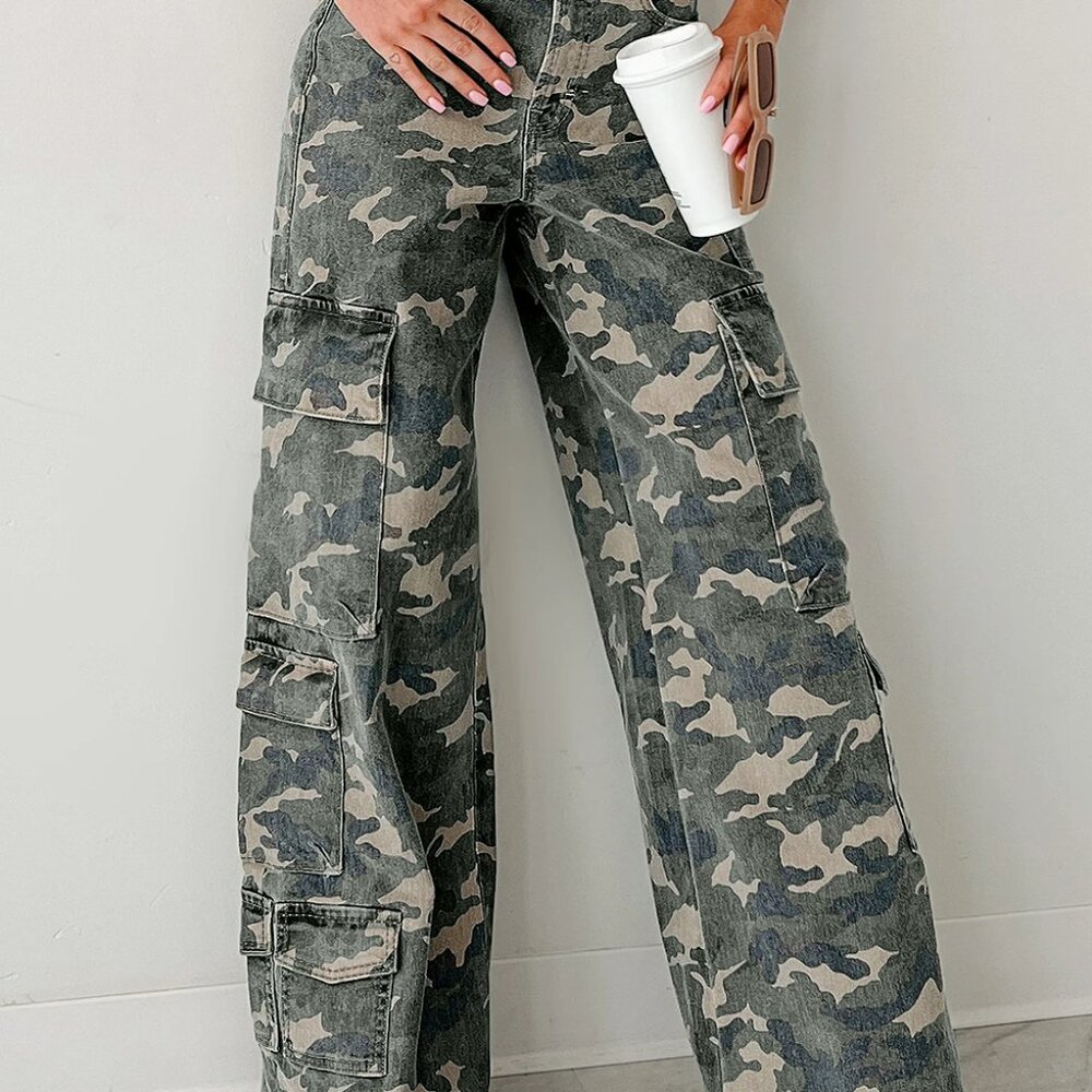 B345 Green Camo Cargo Wide Leg Pants - Picture 1 of 8